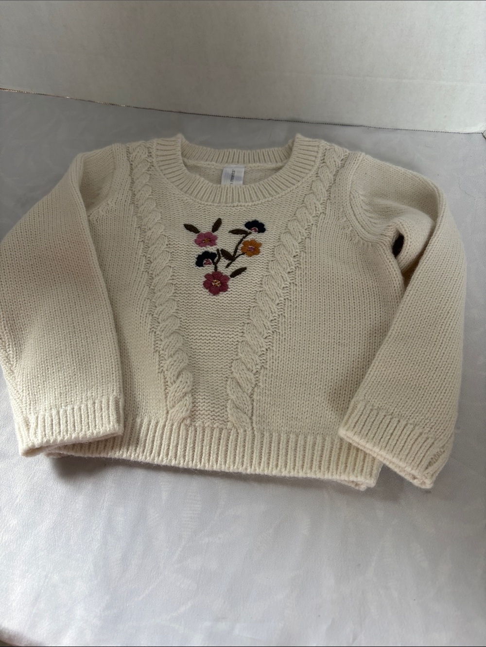Embroidered Cream Cable-Knit Kids Sweater